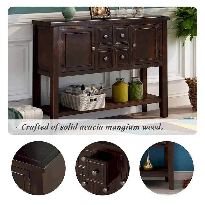 Solid Acacia Wood Buffet Sideboard with 4 Drawers, 2 Cabinets & Bottom Shelf