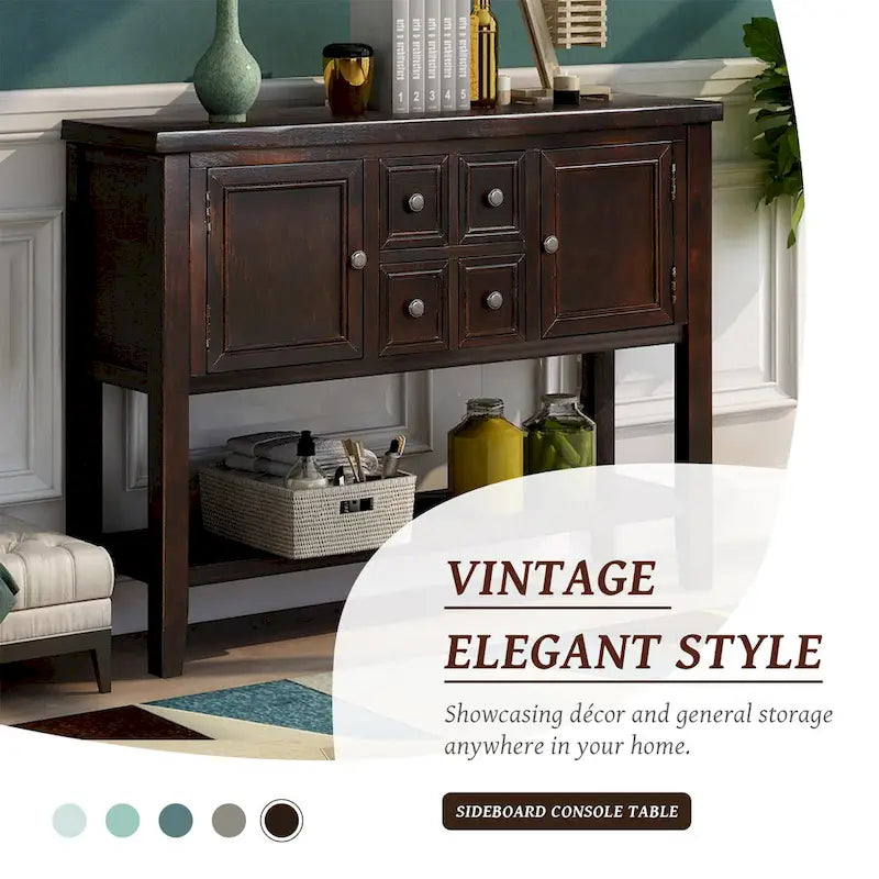 Solid Acacia Wood Buffet Sideboard with 4 Drawers, 2 Cabinets & Bottom Shelf