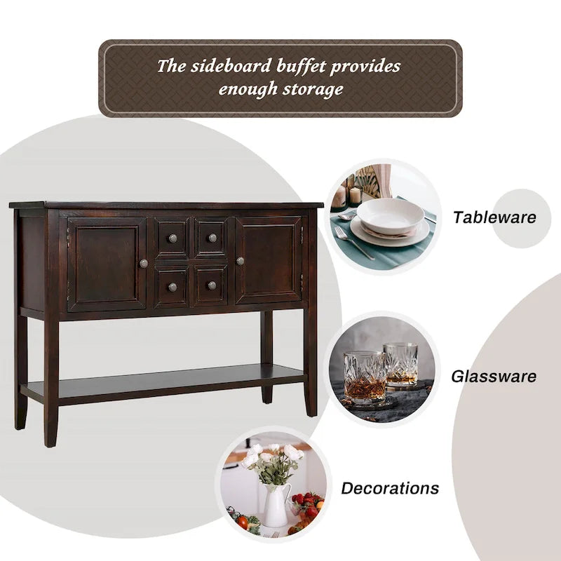 Solid Acacia Wood Buffet Sideboard with 4 Drawers, 2 Cabinets & Bottom Shelf