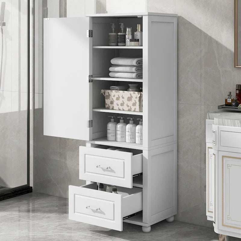 Tall Freestanding Bathroom Storage Cabinet with 2 Drawers & Adjustable Shelf