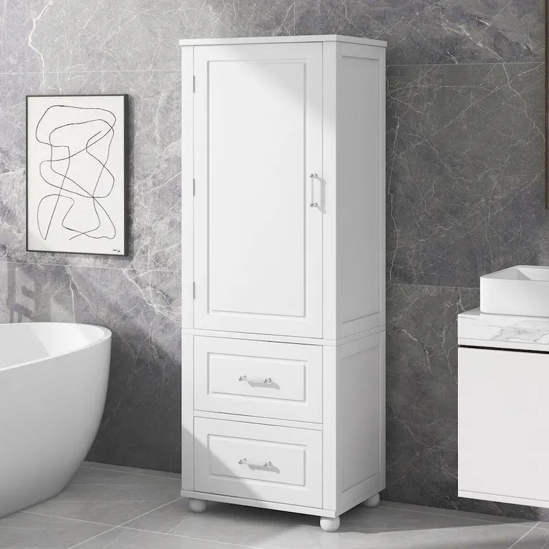 Tall Freestanding Bathroom Storage Cabinet with 2 Drawers & Adjustable Shelf