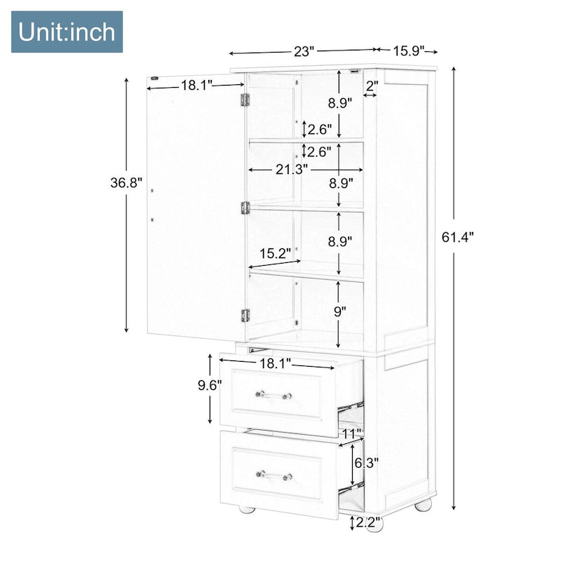 Tall Freestanding Bathroom Storage Cabinet with 2 Drawers & Adjustable Shelf