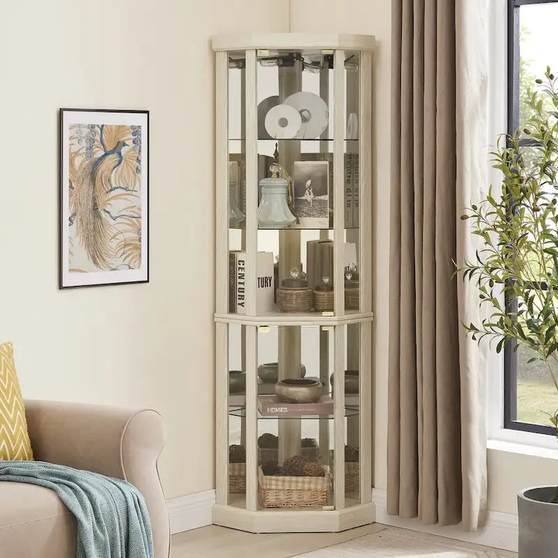 Lighted Corner Curio Cabinet with Glass Doors & Adjustable Shelves
