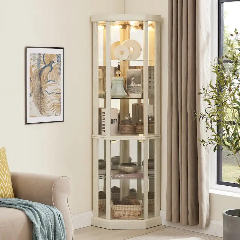 Lighted Corner Curio Cabinet with Glass Doors & Adjustable Shelves