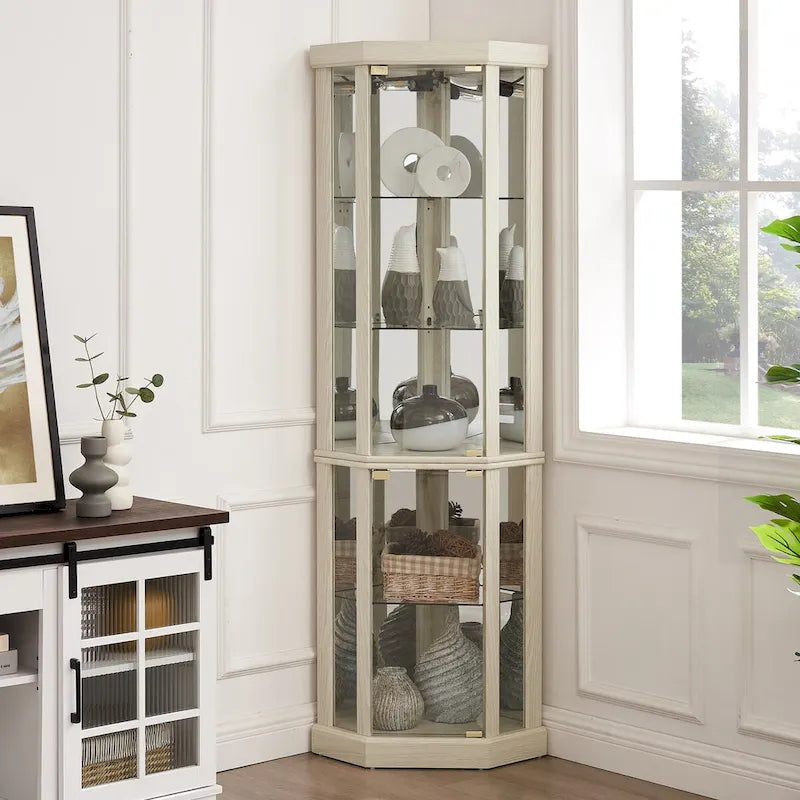 Lighted Corner Curio Cabinet with Glass Doors & Adjustable Shelves