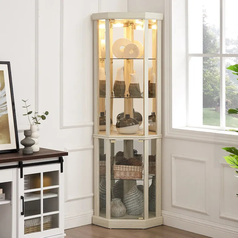 Lighted Corner Curio Cabinet with Glass Doors & Adjustable Shelves