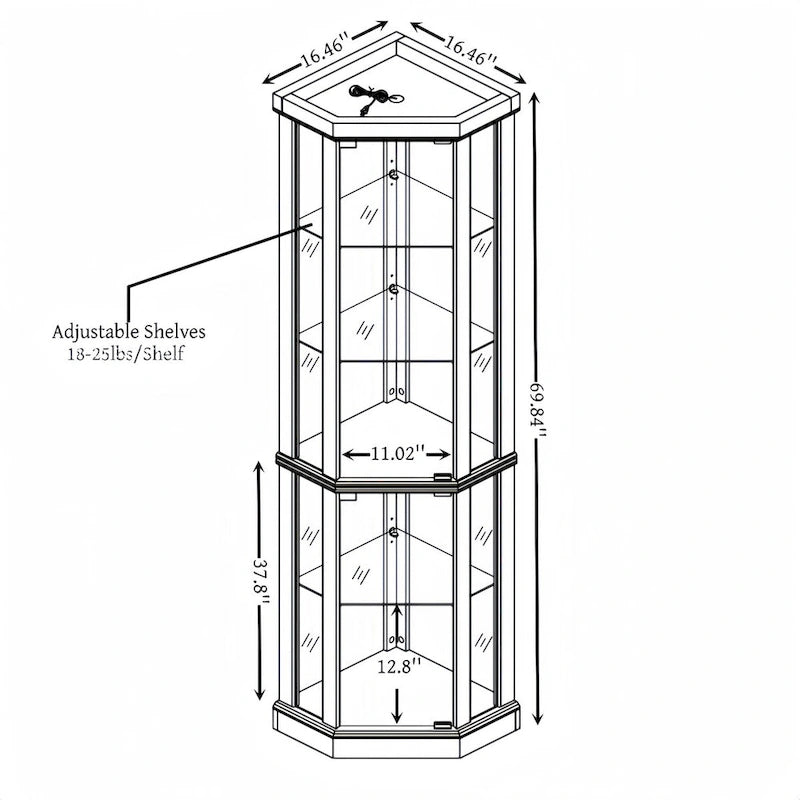 Lighted Corner Curio Cabinet with Glass Doors & Adjustable Shelves