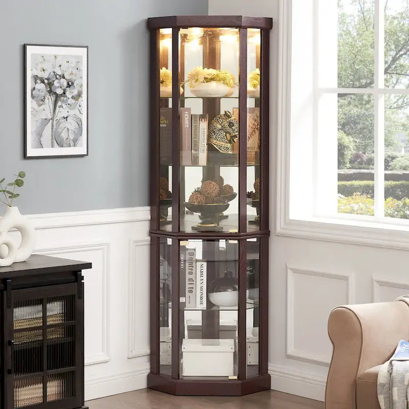 Lighted Corner Curio Cabinet with Glass Doors & Adjustable Shelves