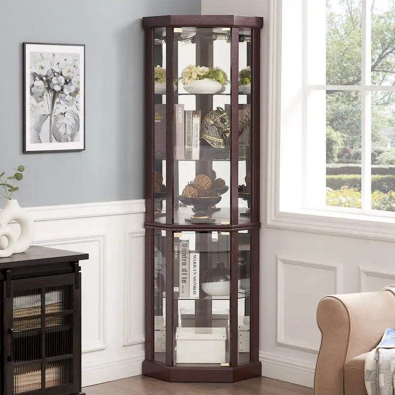 Lighted Corner Curio Cabinet with Glass Doors & Adjustable Shelves