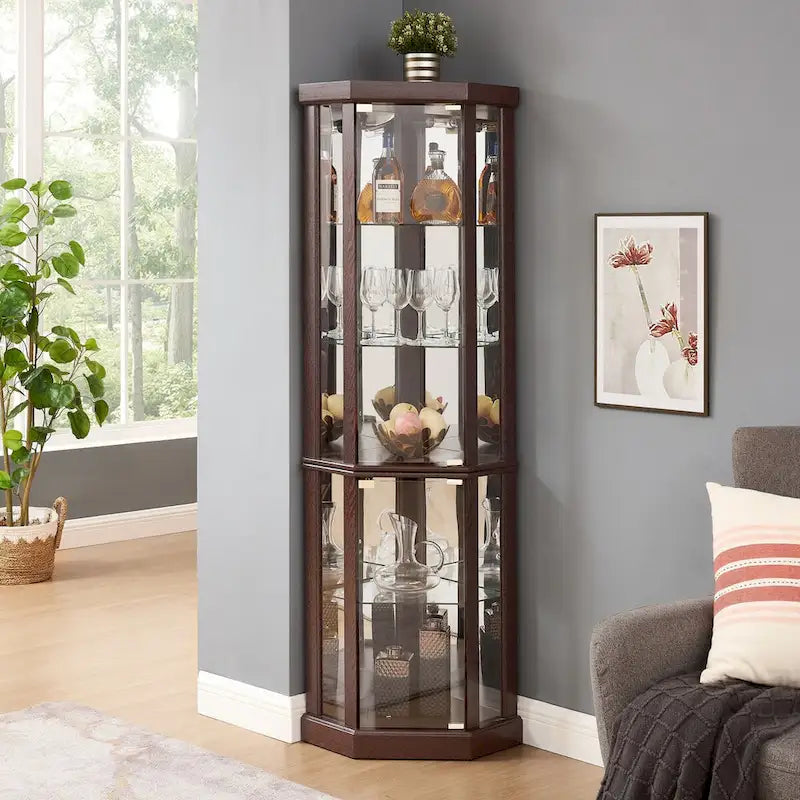 Lighted Corner Curio Cabinet with Glass Doors & Adjustable Shelves