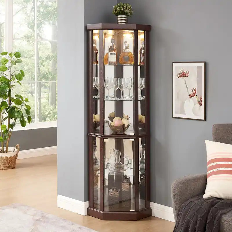 Lighted Corner Curio Cabinet with Glass Doors & Adjustable Shelves