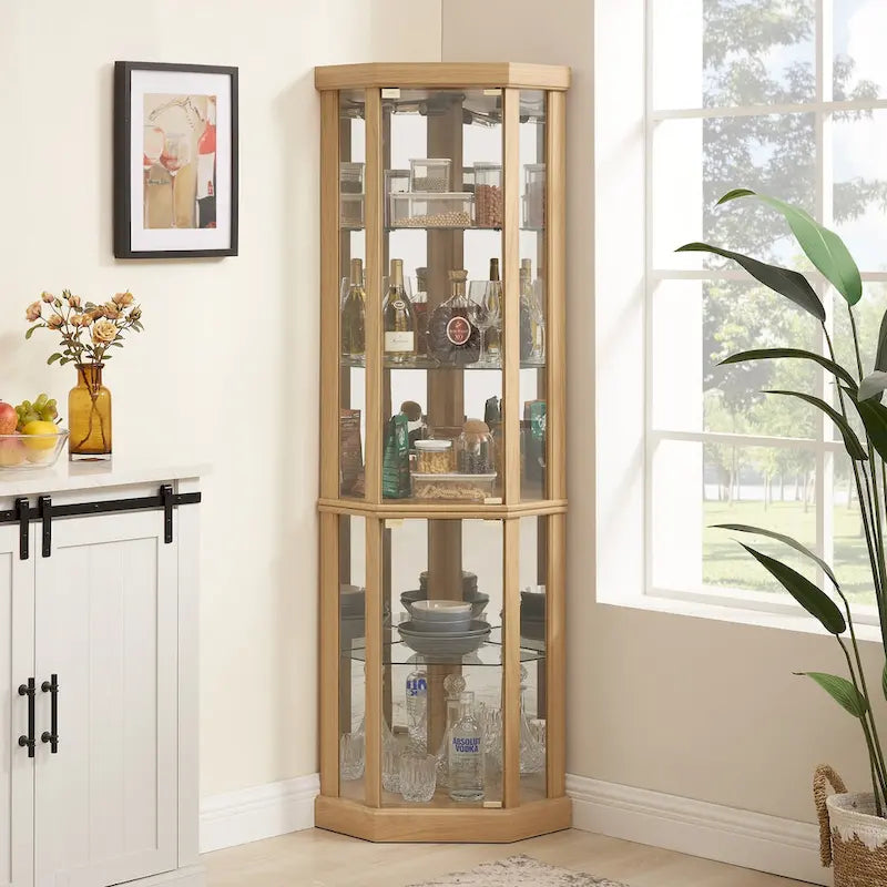 Lighted Corner Curio Cabinet with Glass Doors & Adjustable Shelves