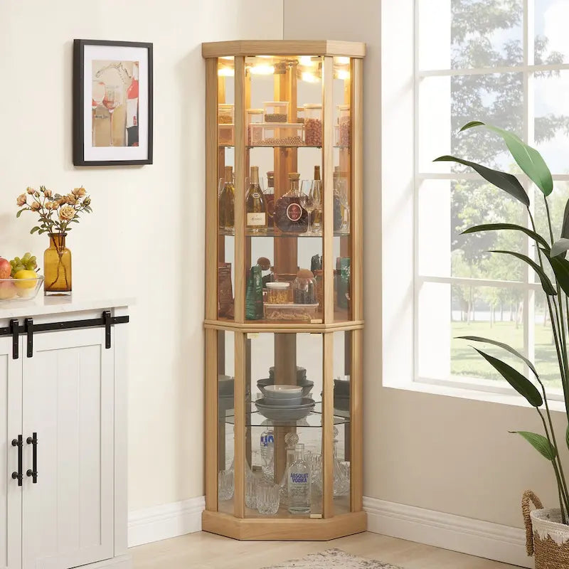 Lighted Corner Curio Cabinet with Glass Doors & Adjustable Shelves