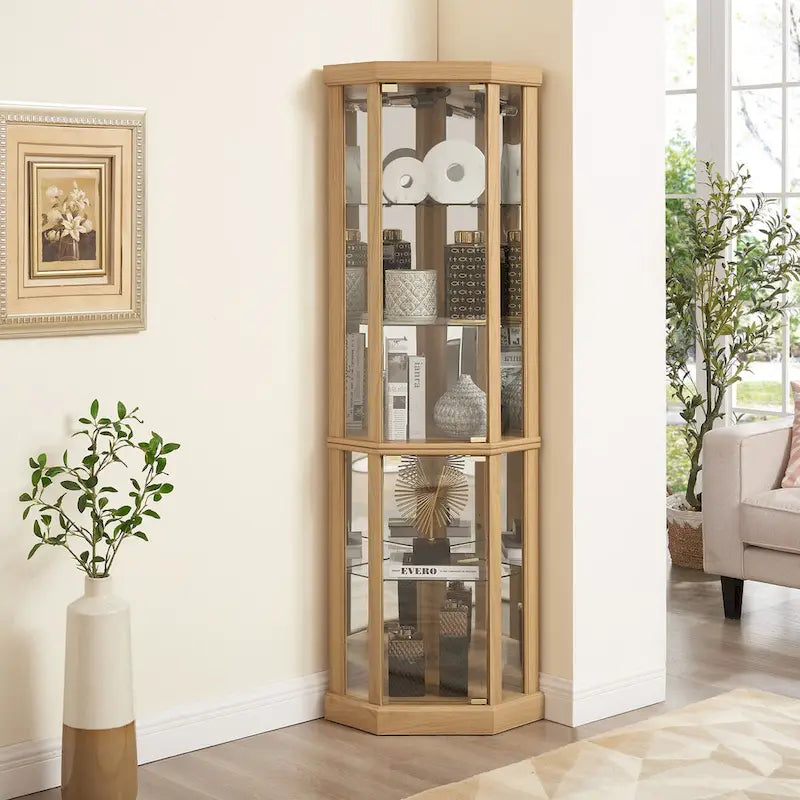 Lighted Corner Curio Cabinet with Glass Doors & Adjustable Shelves