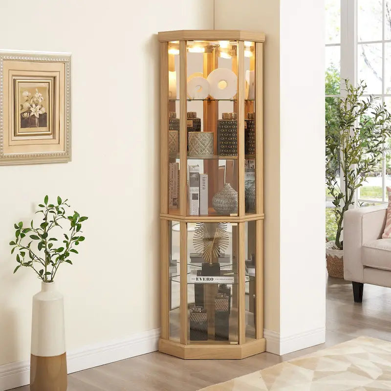 Lighted Corner Curio Cabinet with Glass Doors & Adjustable Shelves